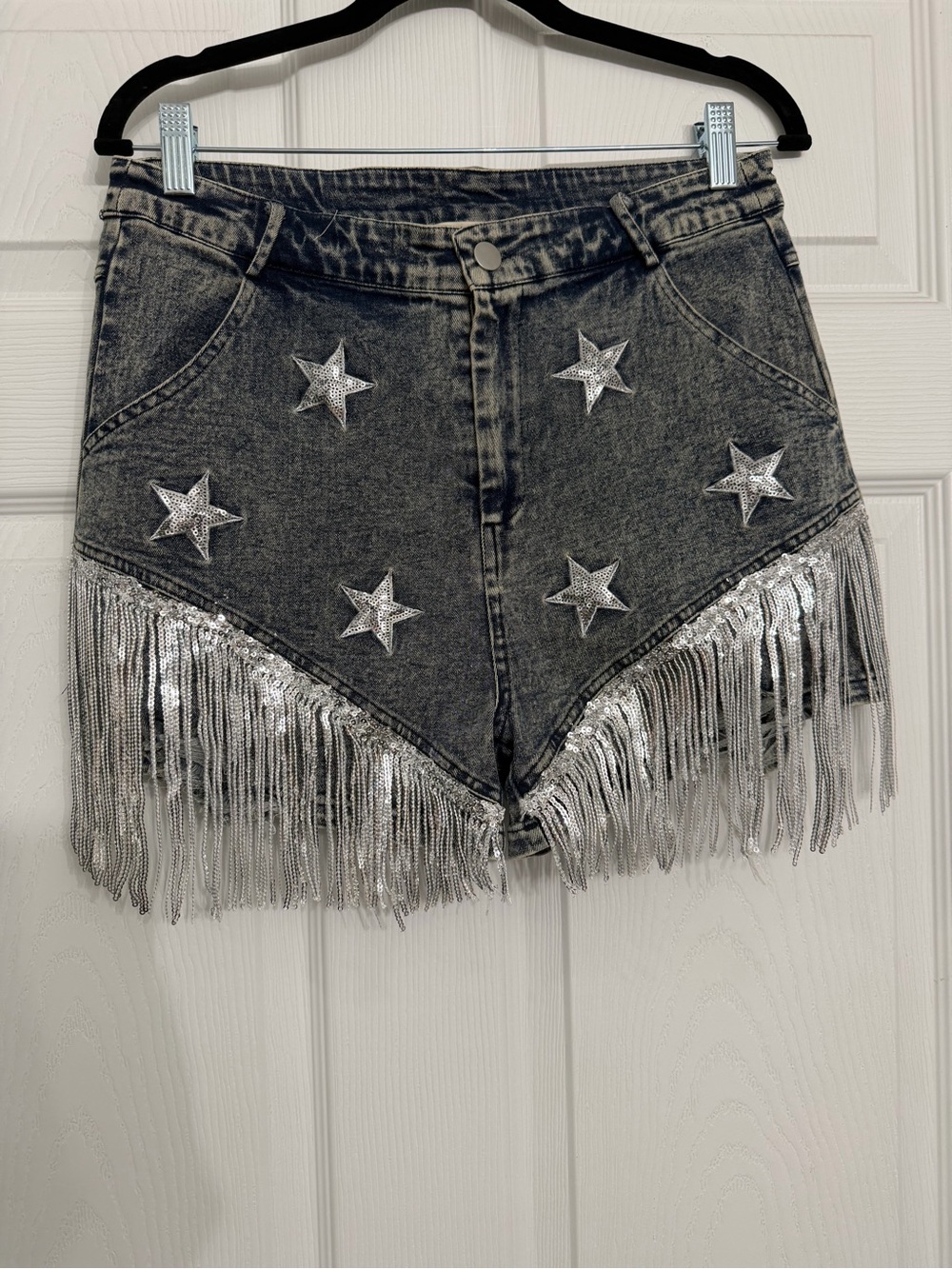 Fantastic Fawn Black-Gray Denim Shorts with Silver Stars & Fringe